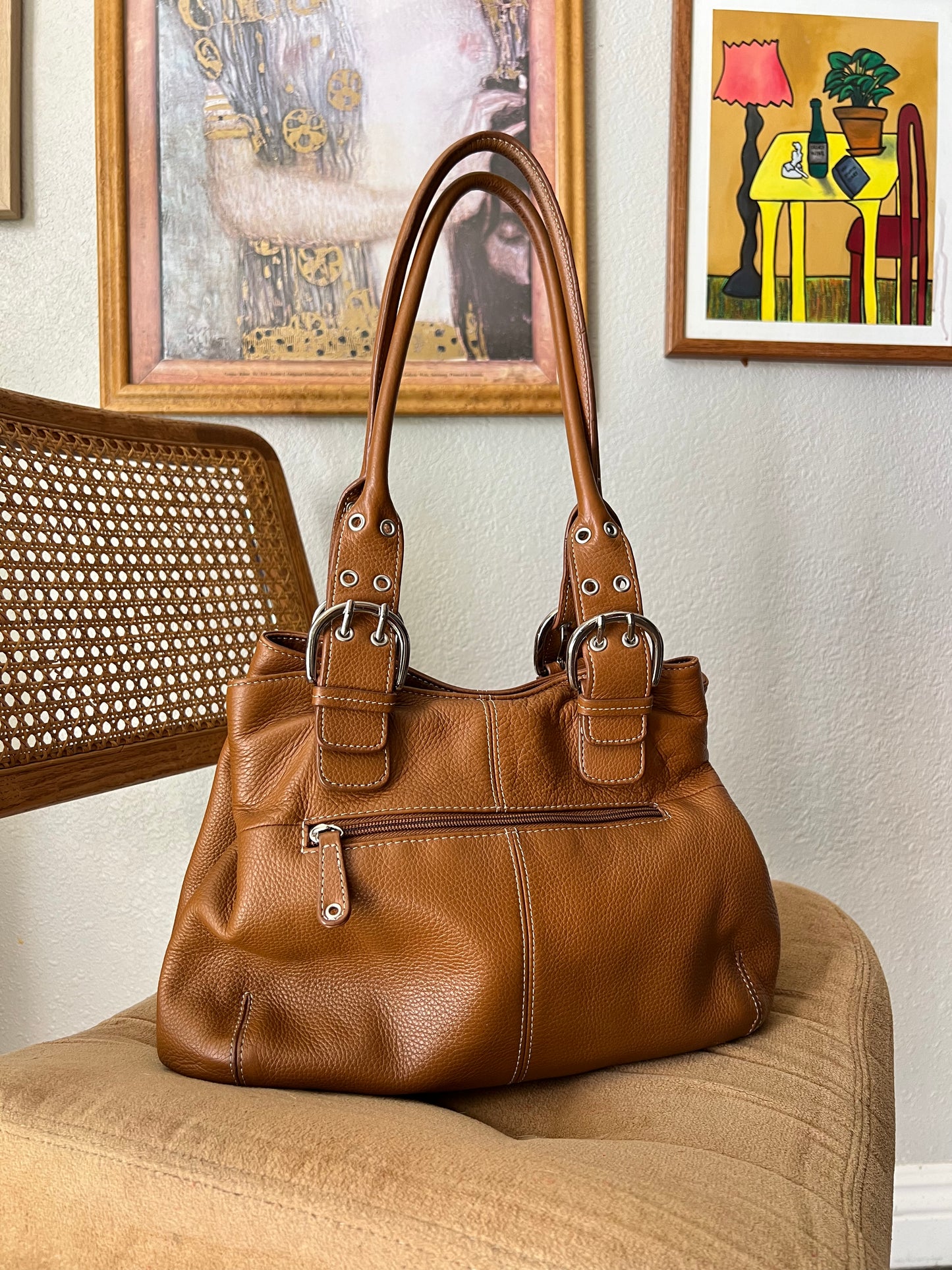 Genuine Leather Cognac Handbag with Silver Buckles