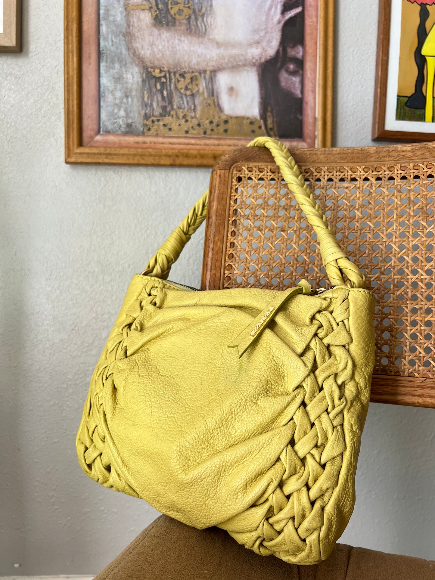 90s Elliott Lucca Lime Green Braided Leather Shoulder Bag