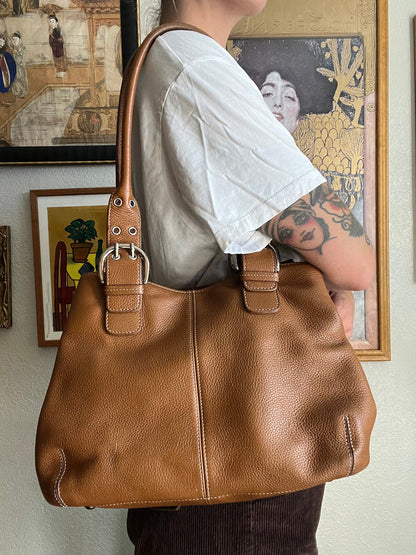 Genuine Leather Cognac Handbag with Silver Buckles