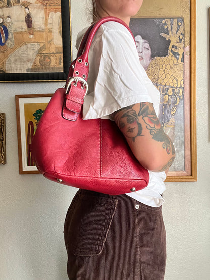 Genuine Leather Red Mini Handbag with Silver Buckles