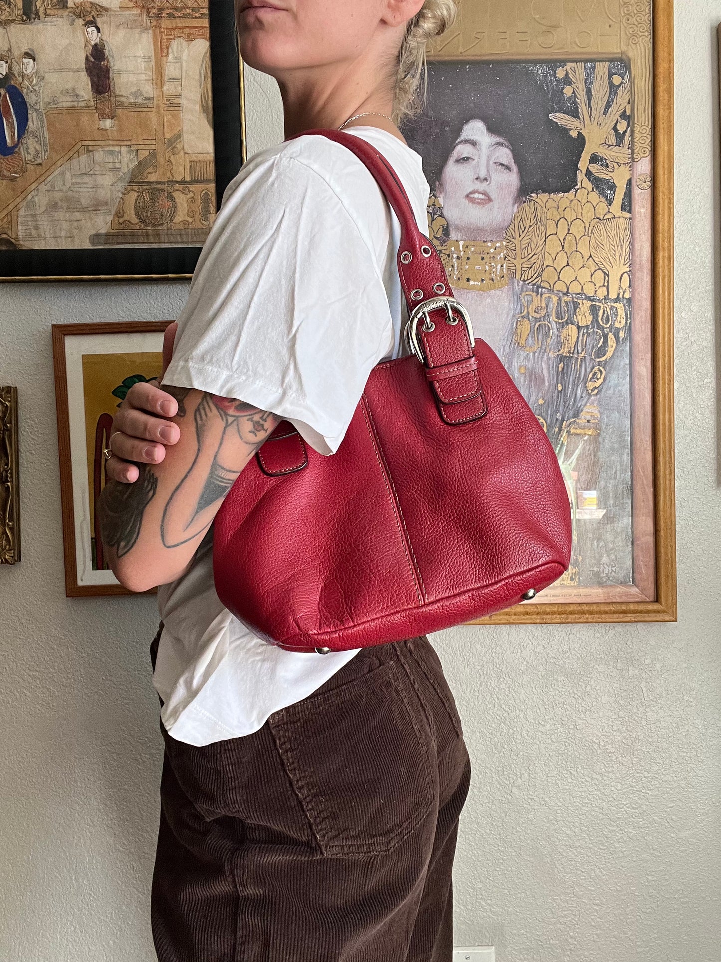 Genuine Leather Red Mini Handbag with Silver Buckles