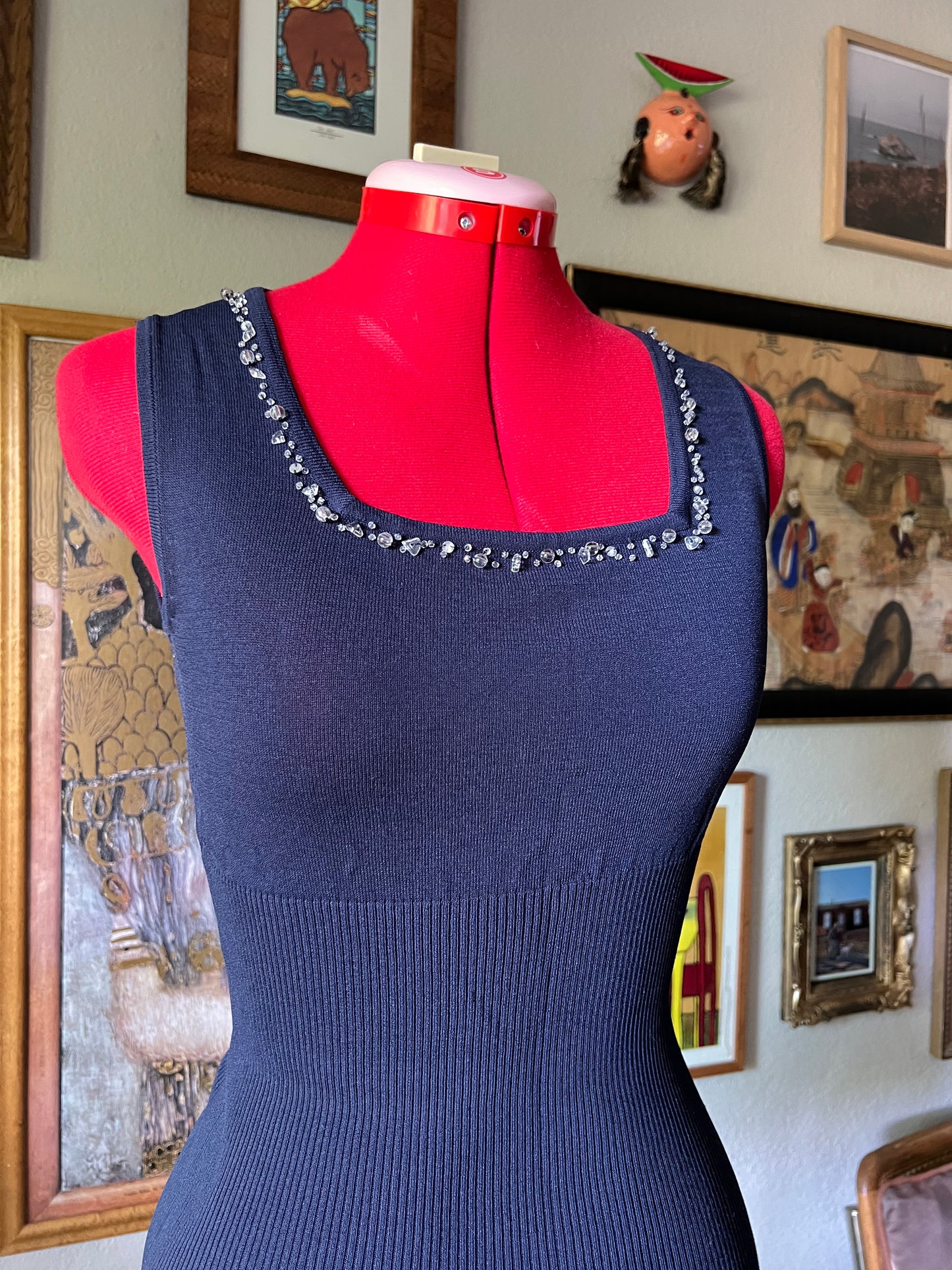 Knitted Navy Blue Top with Beaded Neckline - S