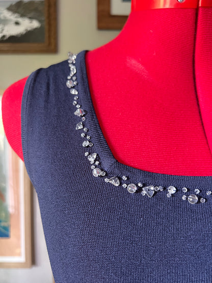 Knitted Navy Blue Top with Beaded Neckline - S