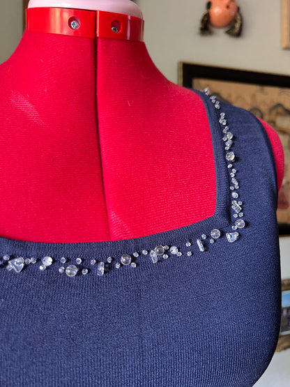 Knitted Navy Blue Top with Beaded Neckline - S