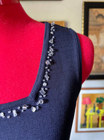 Knitted Navy Blue Top with Beaded Neckline - S