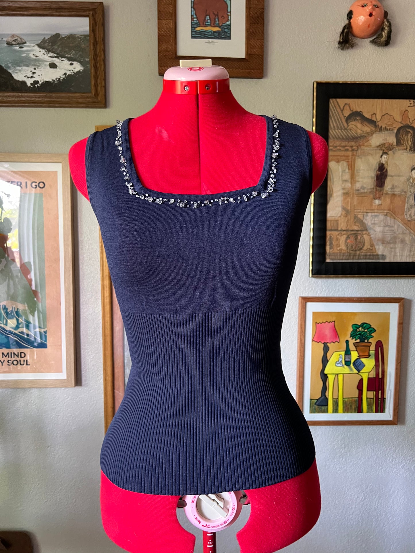 Knitted Navy Blue Top with Beaded Neckline - S