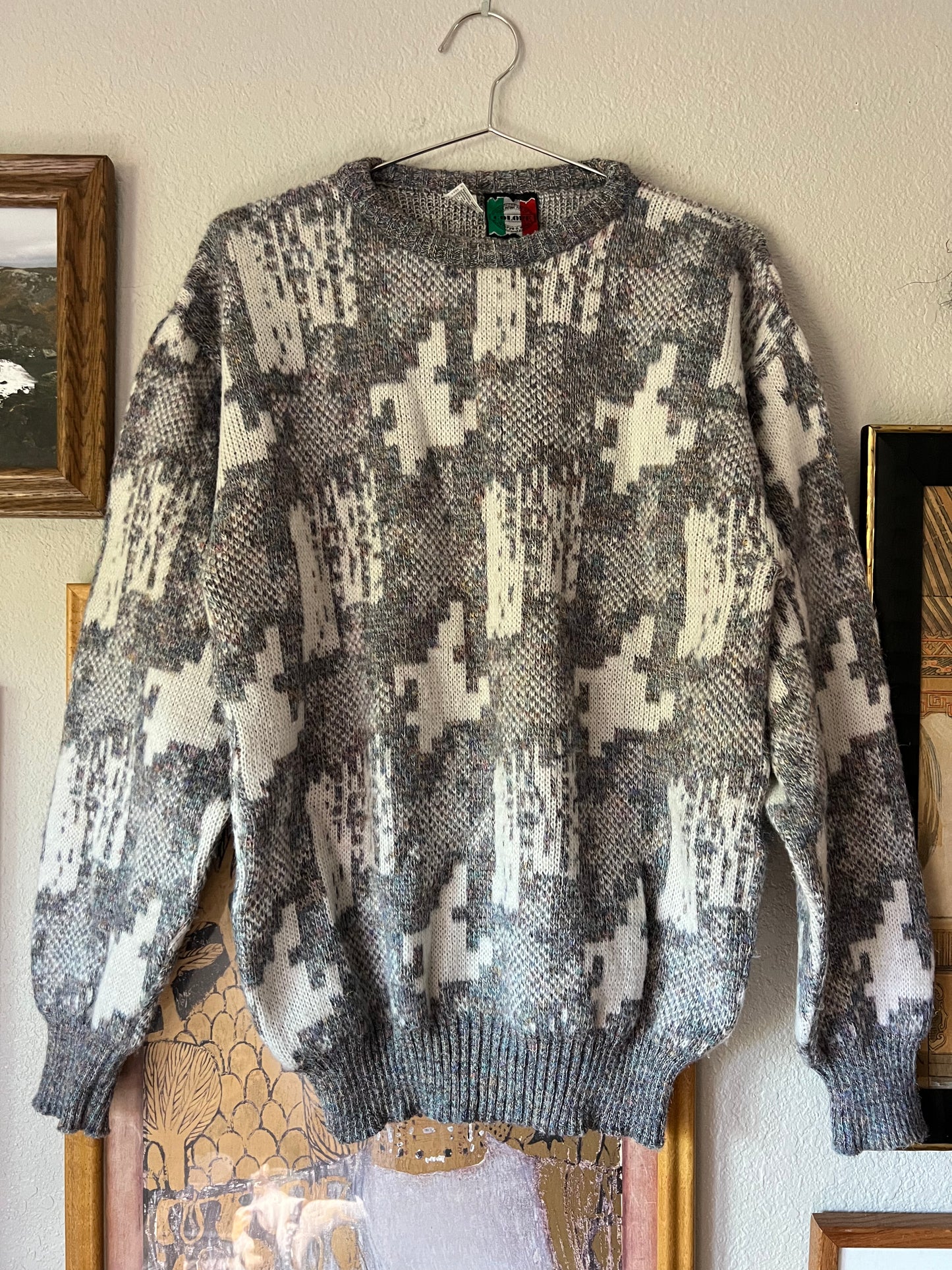 90s Italian Vintage Light Grey Abstract Eclectic Grandpa Sweater - Medium