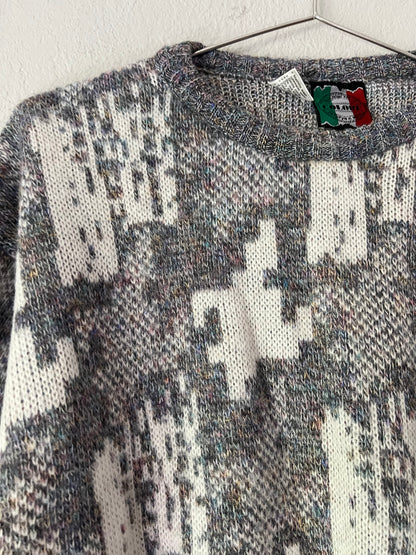 90s Italian Vintage Light Grey Abstract Eclectic Grandpa Sweater - Medium