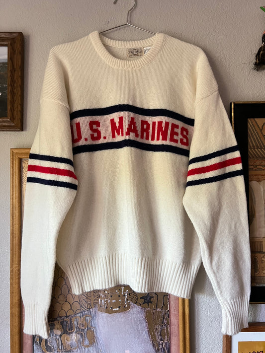 80s US MARINES Cliff Engle White Red and Blue Knitted Sweater - Large