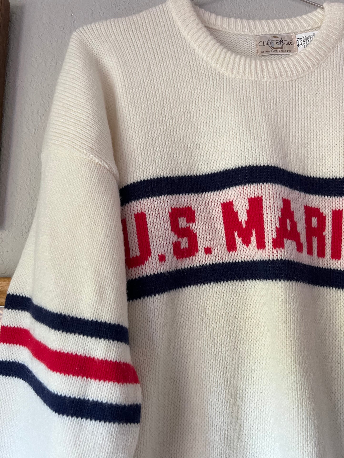 80s US MARINES Cliff Engle White Red and Blue Knitted Sweater - Large