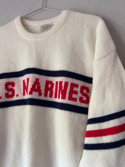 80s US MARINES Cliff Engle White Red and Blue Knitted Sweater - Large