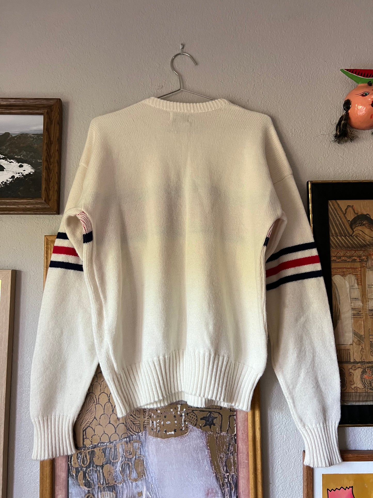 80s US MARINES Cliff Engle White Red and Blue Knitted Sweater - Large