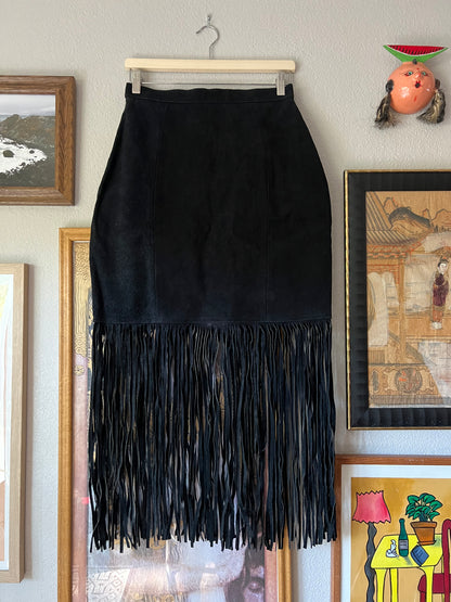 80s Western Black Suede Fringe Skirt - 29"