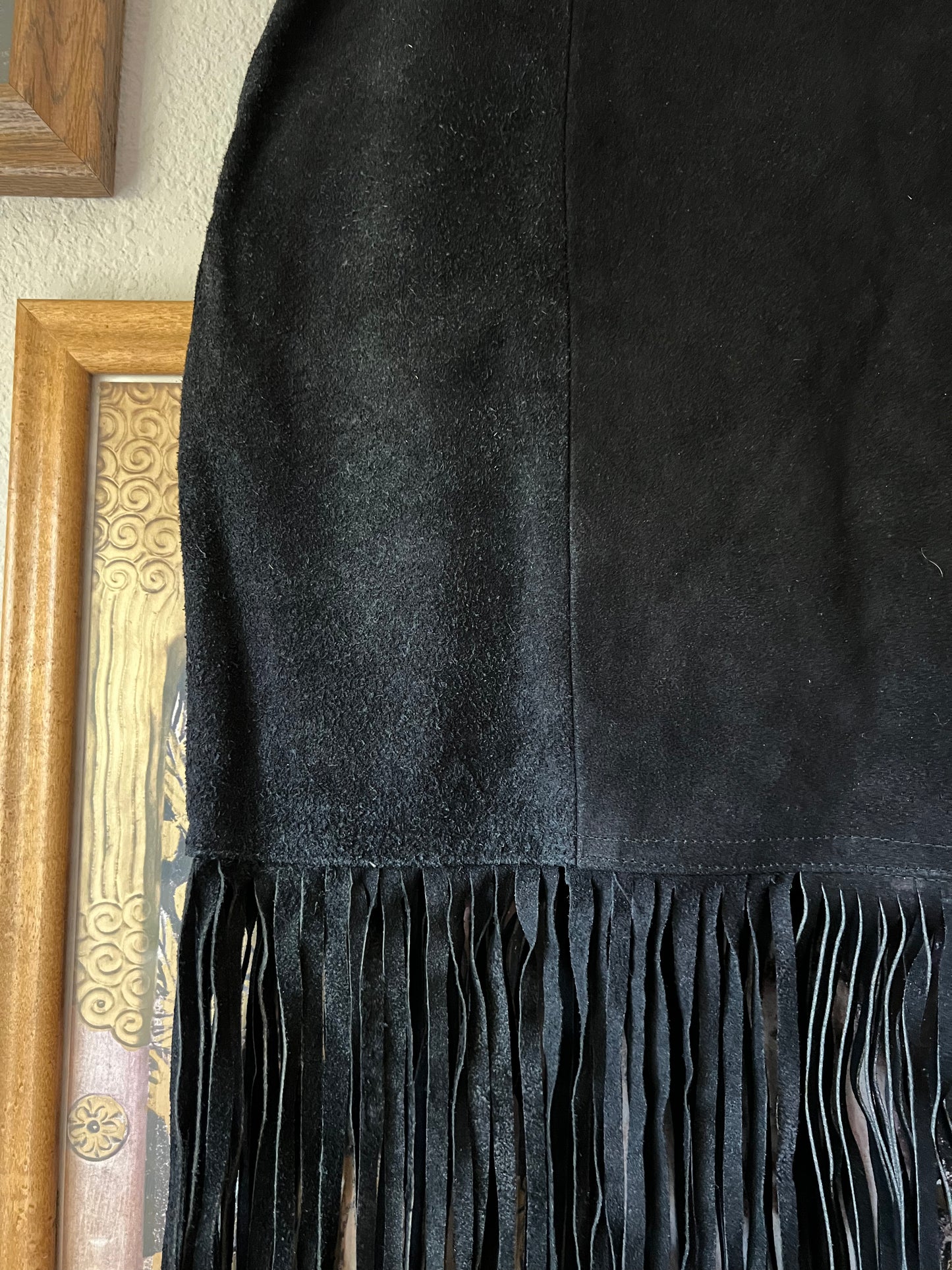 80s Western Black Suede Fringe Skirt - 29"