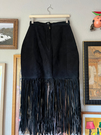 80s Western Black Suede Fringe Skirt - 29"