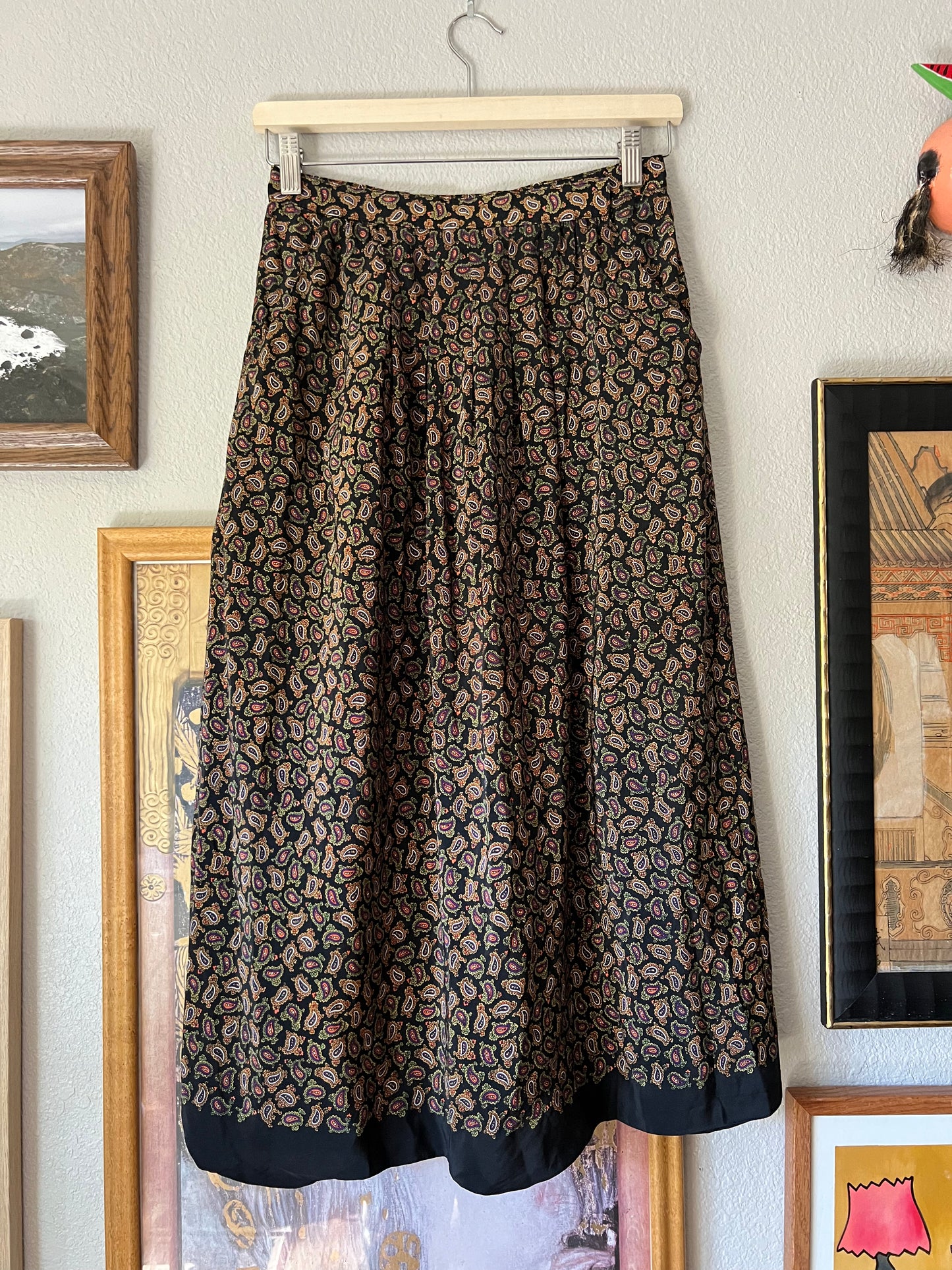 100% Silk Korean Paisley Black Midi Skirt - 26"