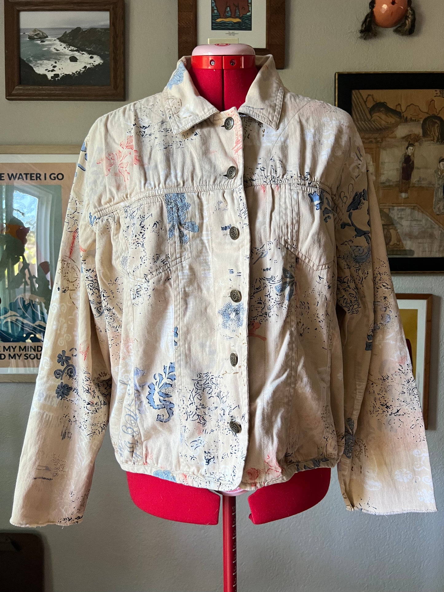 Beige Floral Graffiti Trucker Denim Jacket - XL