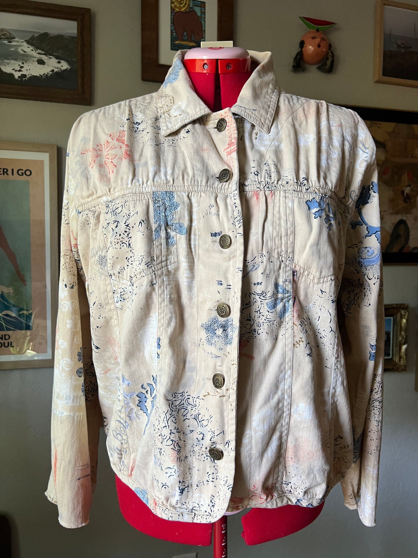 Beige Floral Graffiti Trucker Denim Jacket - XL