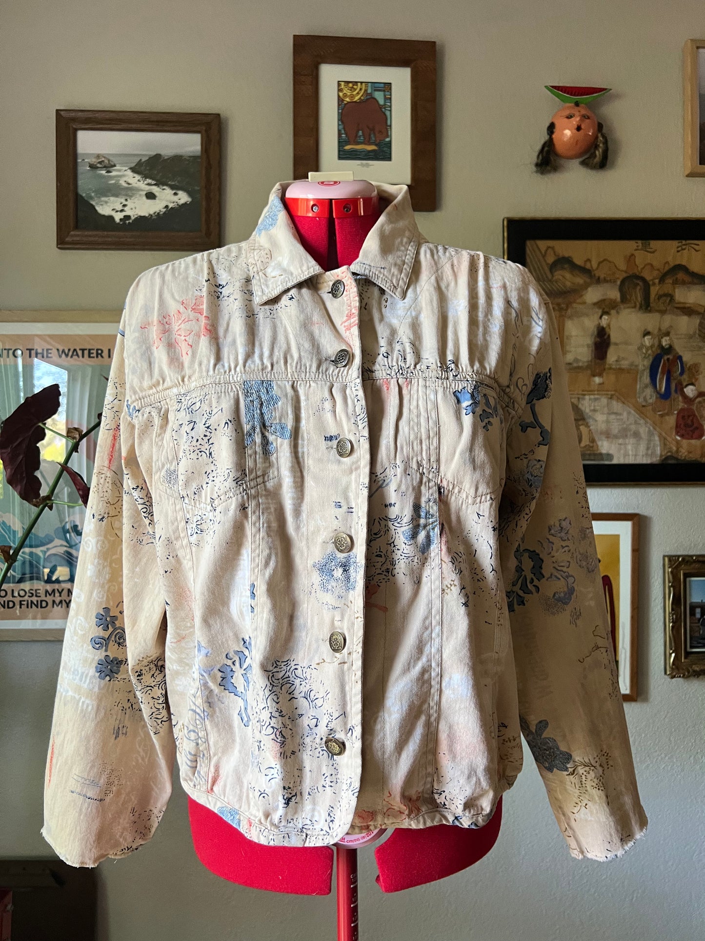 Beige Floral Graffiti Trucker Denim Jacket - XL