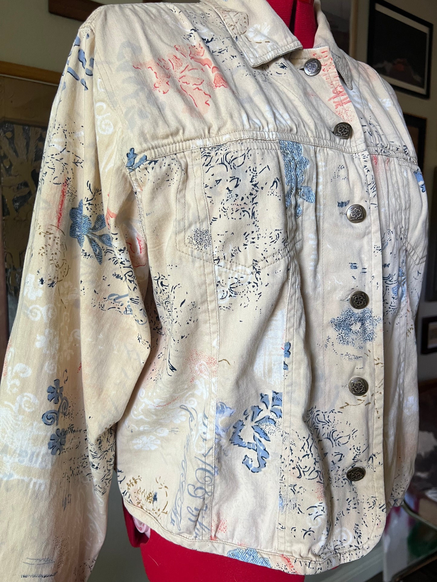 Beige Floral Graffiti Trucker Denim Jacket - XL