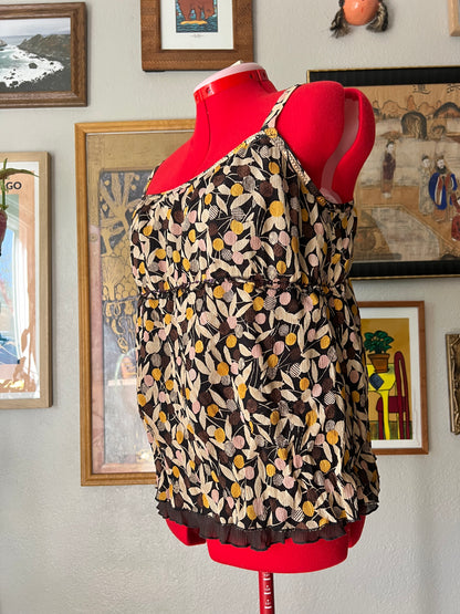 100% Silk Brown & Yellow Coquette Tank Top - Large