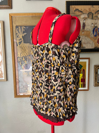 100% Silk Brown & Yellow Coquette Tank Top - Large