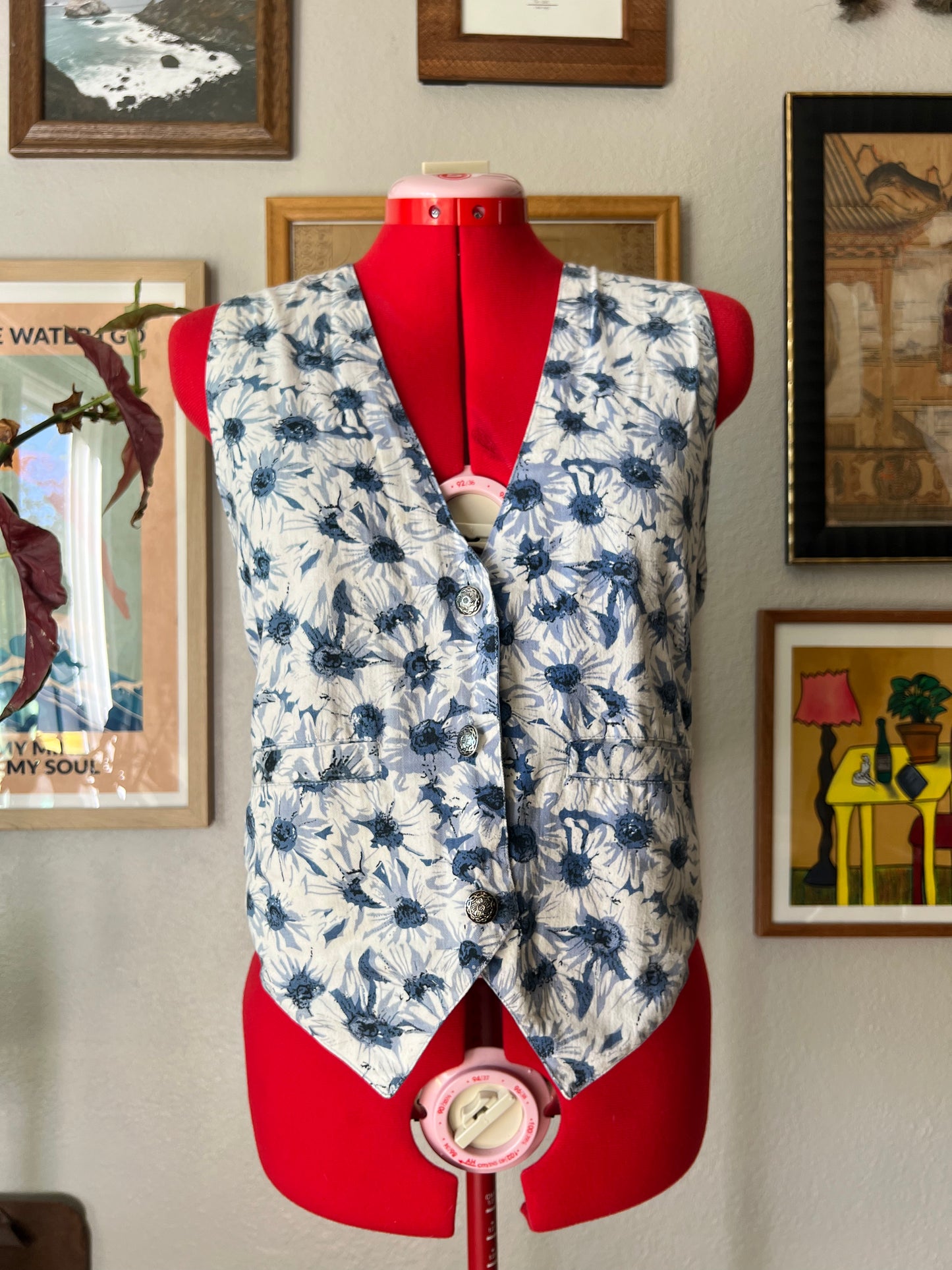 Y2K Floral Blue Denim Cotton Vest - Medium