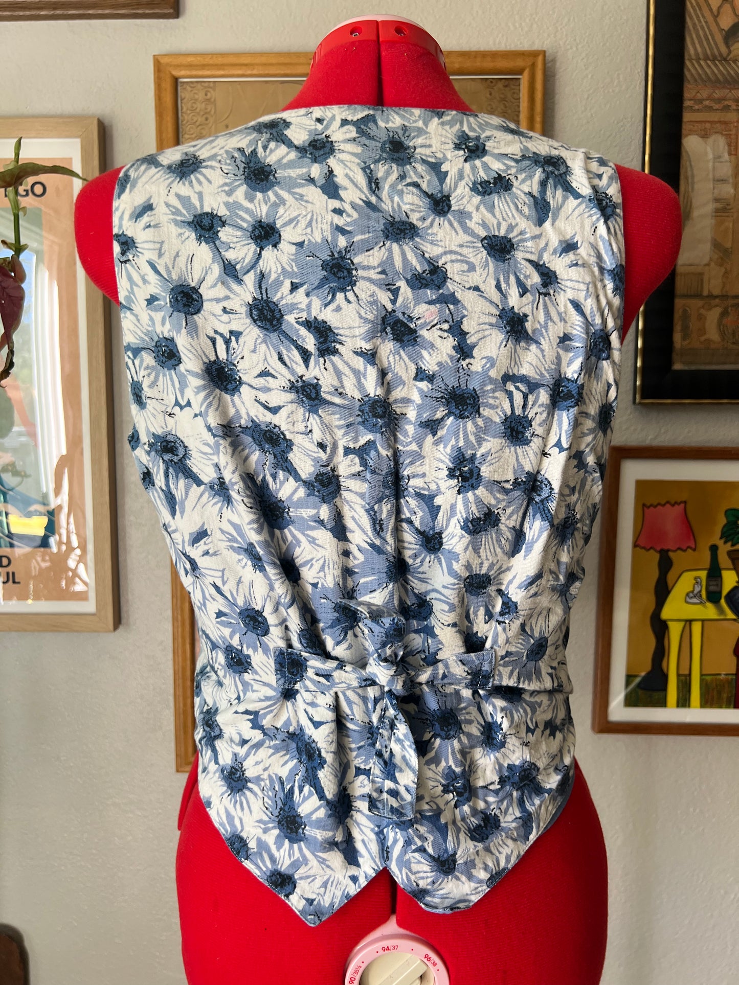 Y2K Floral Blue Denim Cotton Vest - Medium