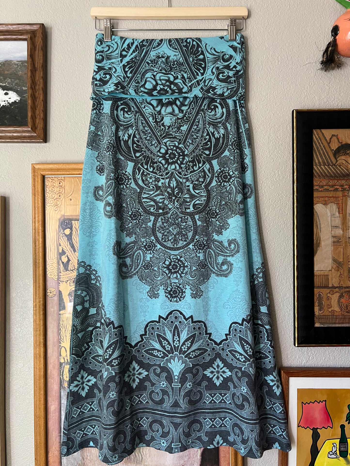 Y2K Boho Turquoise Graphic Print Maxi Skirt - Medium