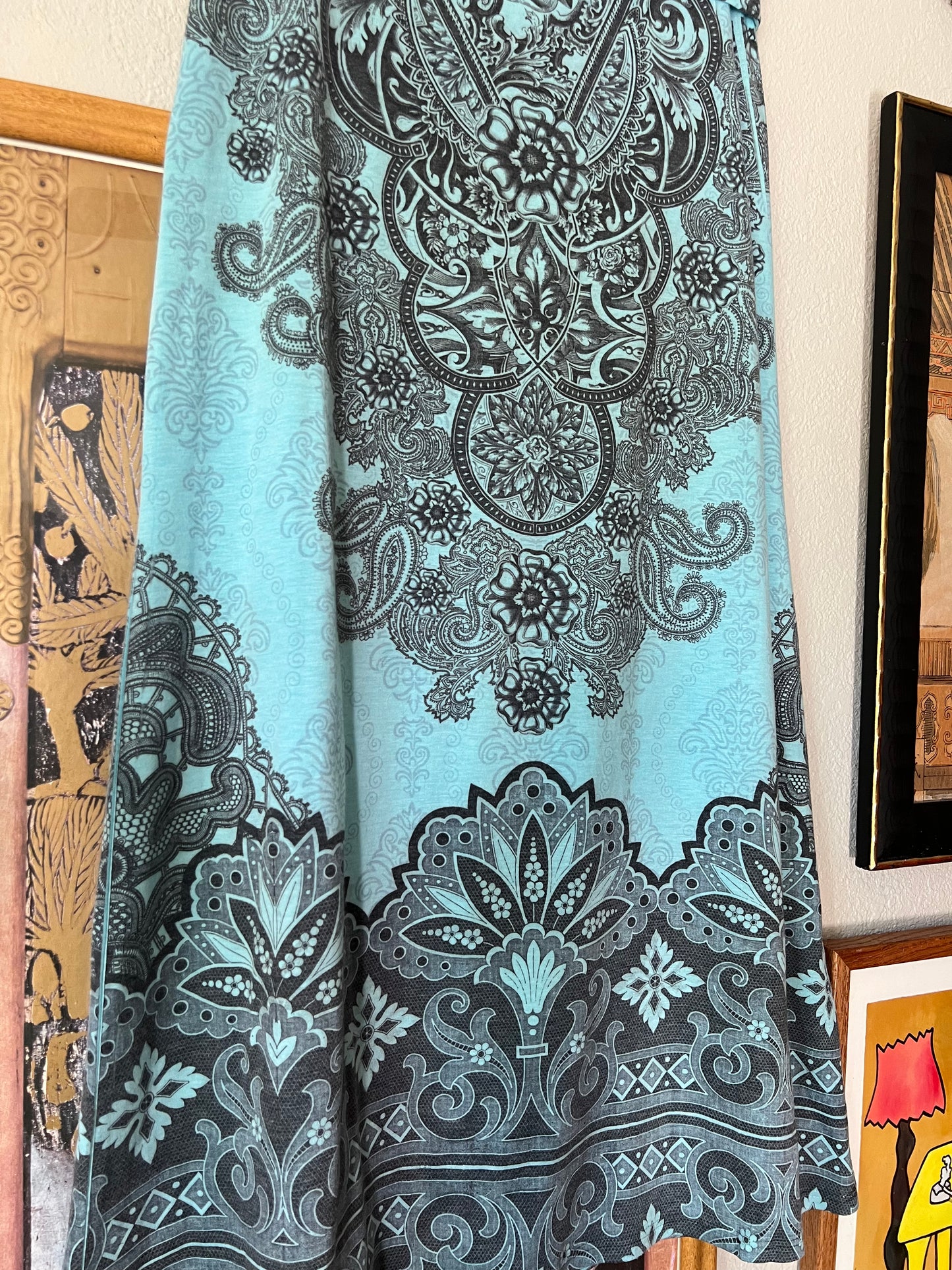 Y2K Boho Turquoise Graphic Print Maxi Skirt - Medium