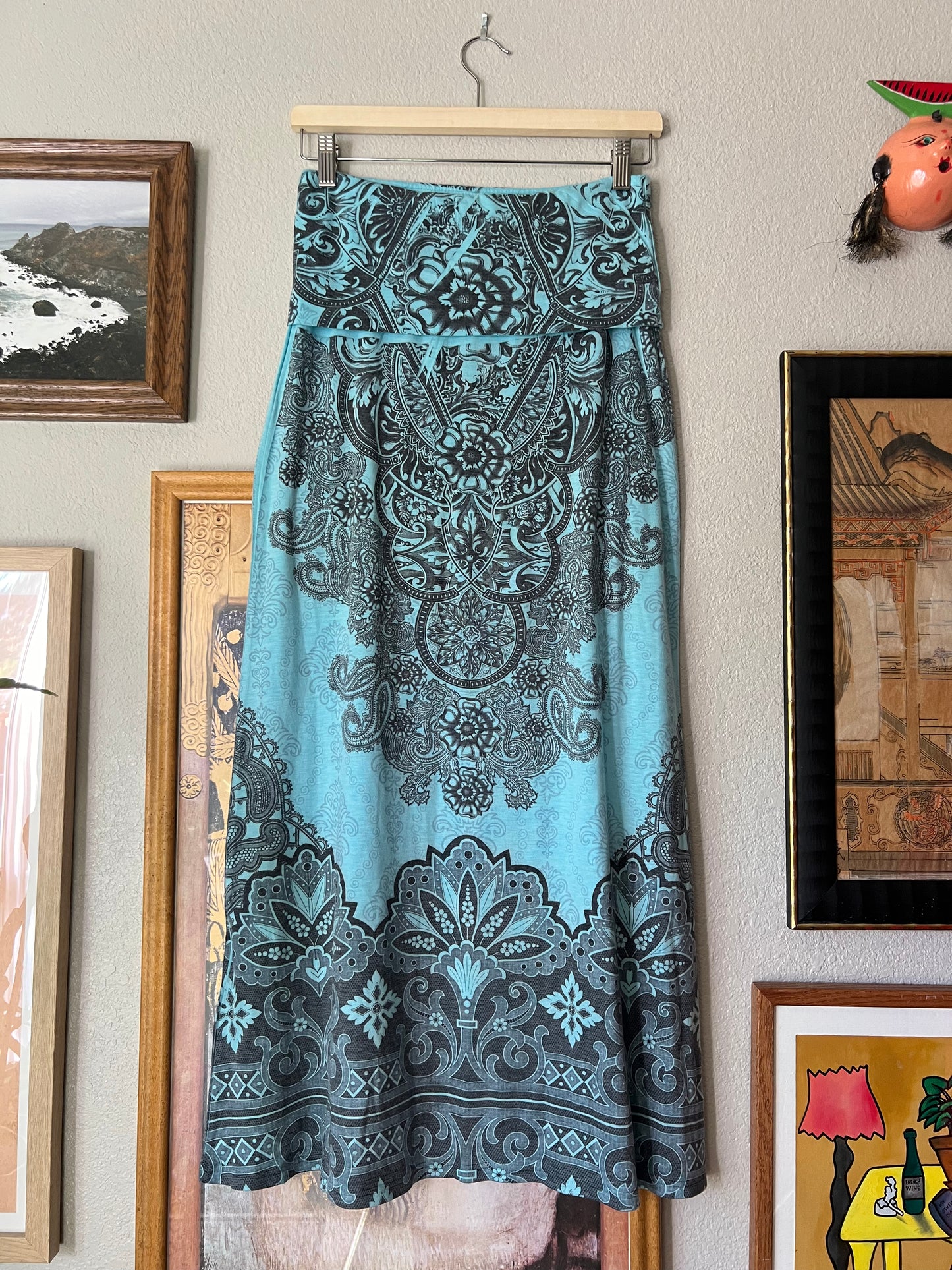 Y2K Boho Turquoise Graphic Print Maxi Skirt - Medium