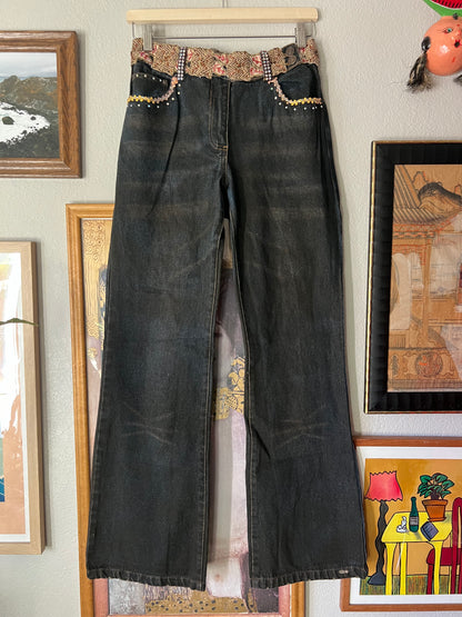 Y2K RARE Jeans with Embellished Belt and Pockets - 28"