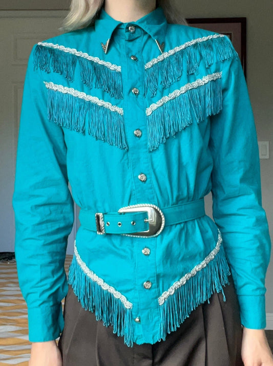 Lilia Smith Exclusive Turquoise Fringed Western Blouse with Belt