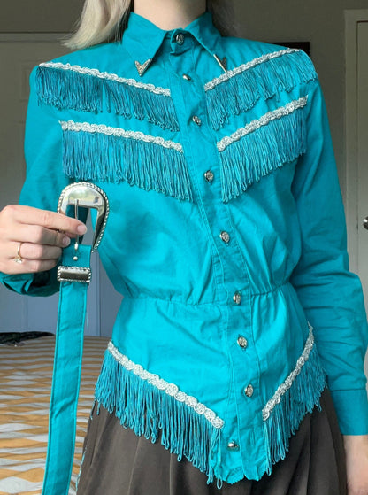 Lilia Smith Exclusive Turquoise Fringed Western Blouse with Belt