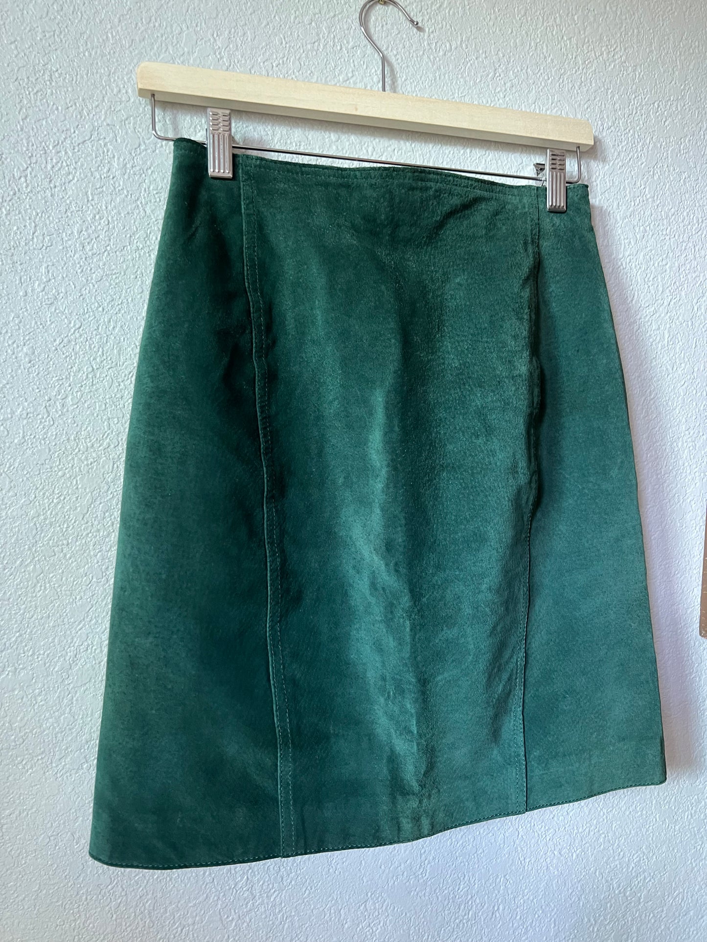 80s Teal Green Suede Leather Pencil Skirt - 26"