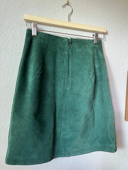 80s Teal Green Suede Leather Pencil Skirt - 26"