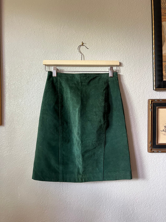 80s Teal Green Suede Leather Pencil Skirt - 26"