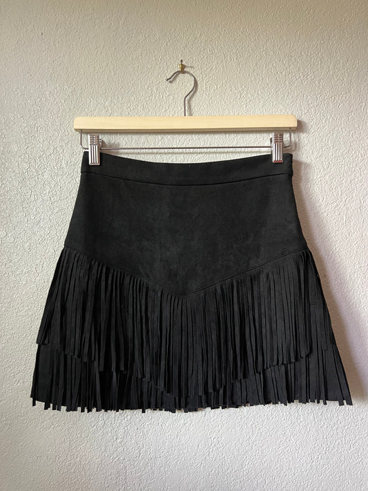 Fringe Faux Suede Black Mini Skirt - Small