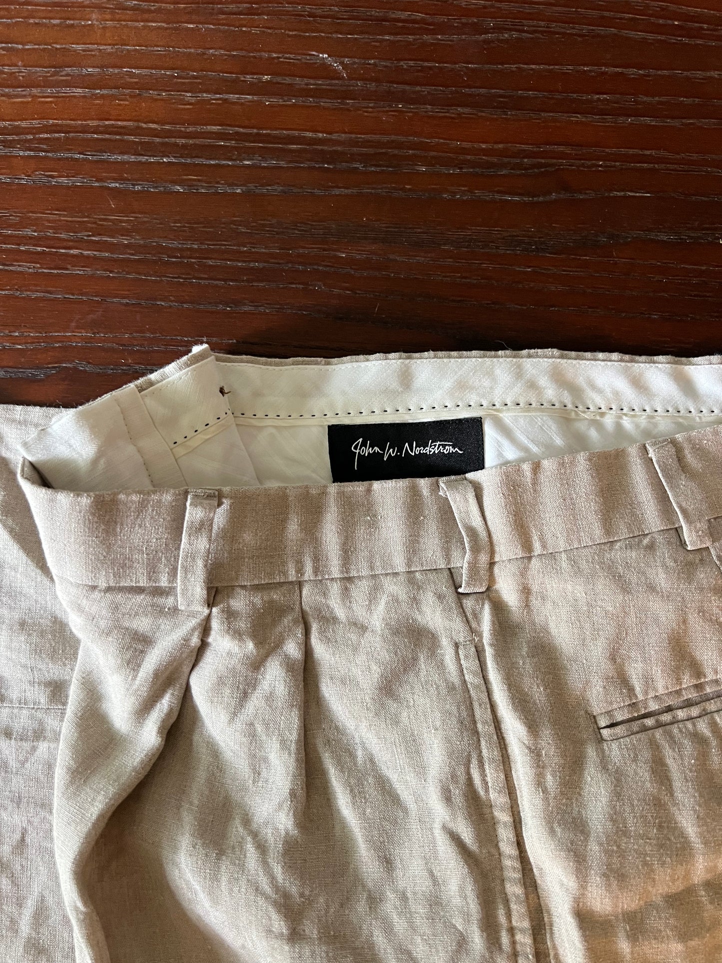 100% Linen John W. Nordstrom Straight Leg Tan Beige Trouser Pants - 34R