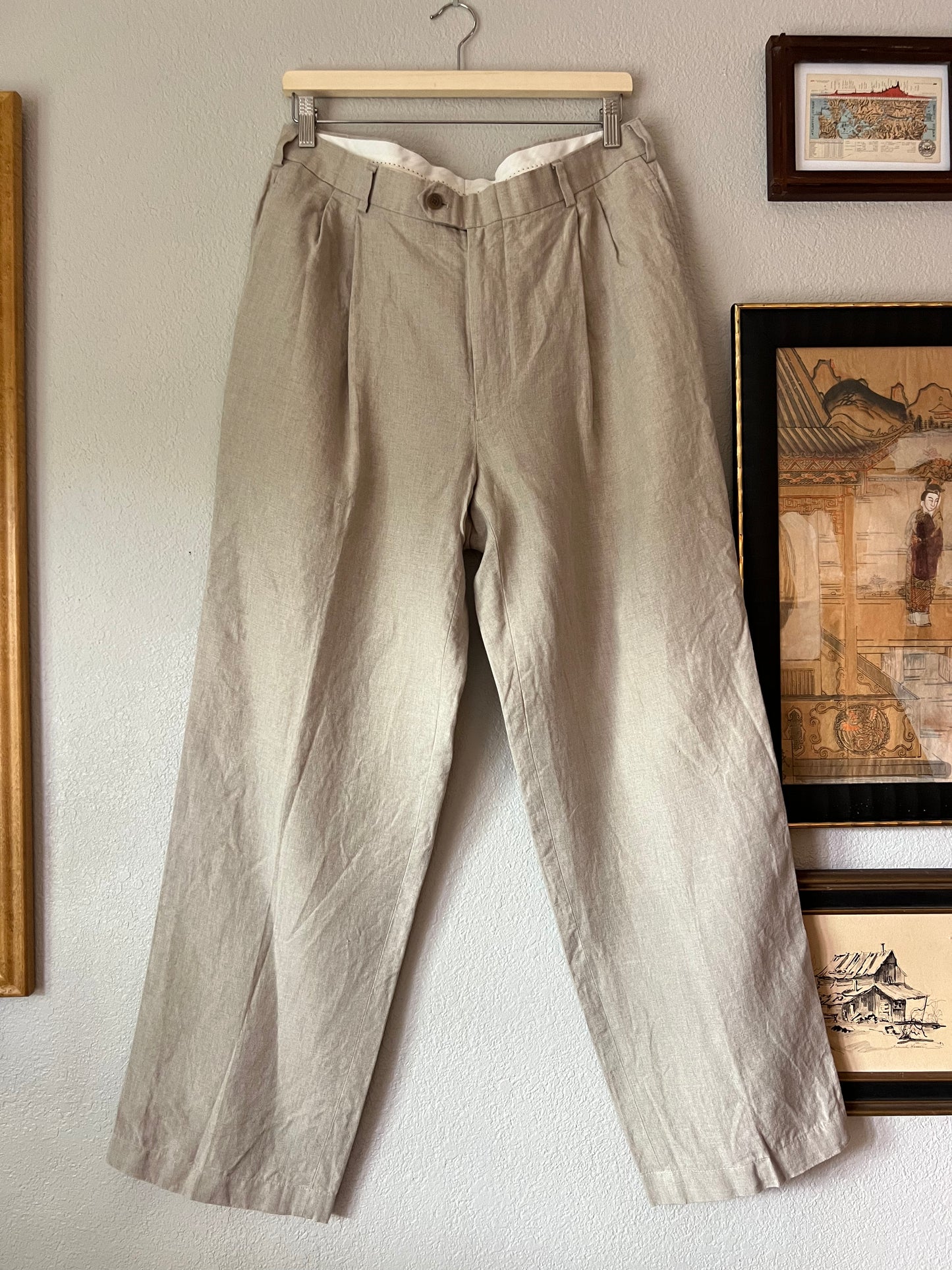 100% Linen John W. Nordstrom Straight Leg Tan Beige Trouser Pants - 34R