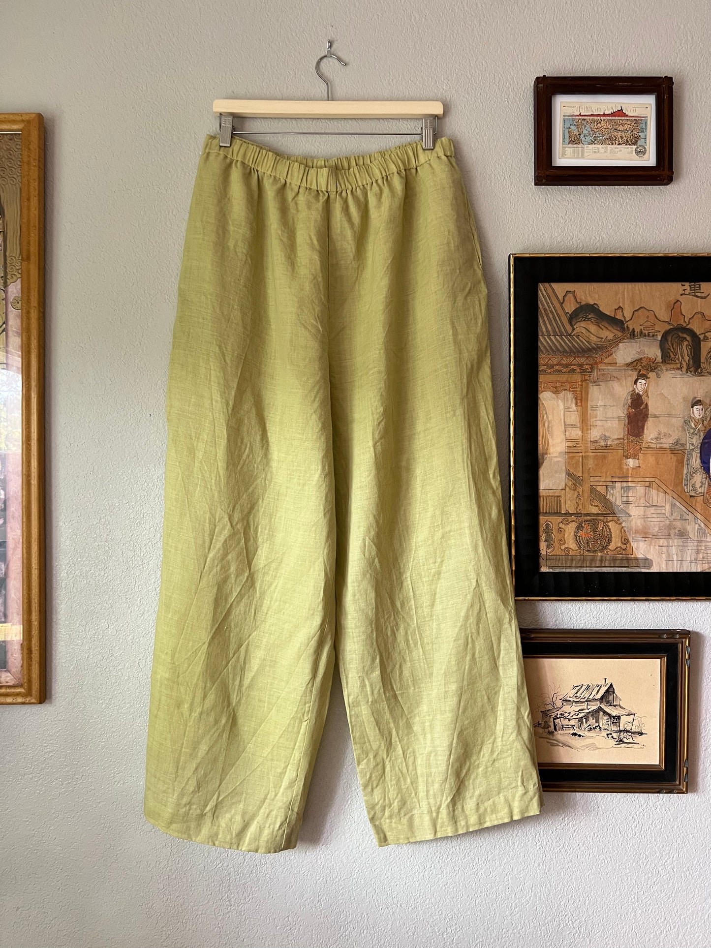 100% Linen Lime Green High Waisted Straight Leg Trouser Pants - XL