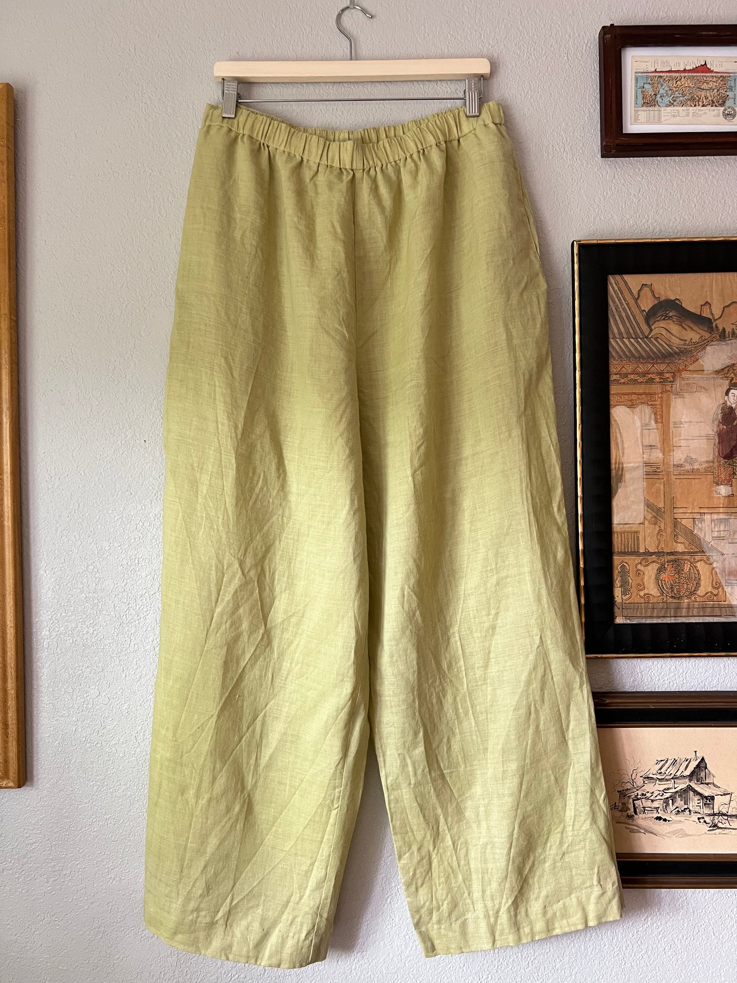 100% Linen Lime Green High Waisted Straight Leg Trouser Pants - XL