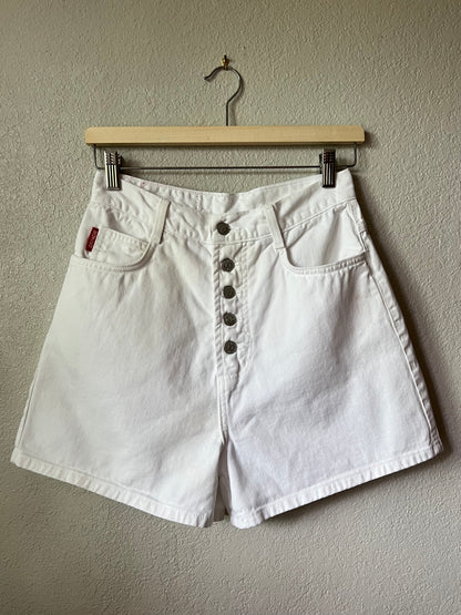 90s Vintage White High Waisted Button Flap Shorts - 26"