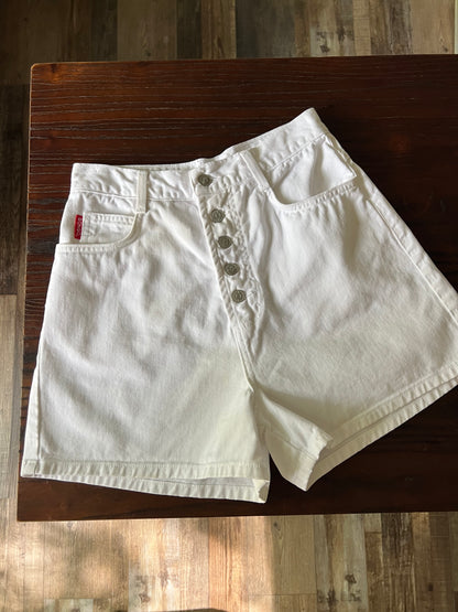 90s Vintage White High Waisted Button Flap Shorts - 26"