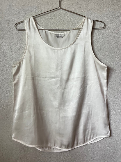 100% Pure Silk White Satin Scoop Neck Tank Top - Medium