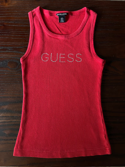 Y2K Guess Jeans Red Ribbed Tank Top with Gemstones - Medium