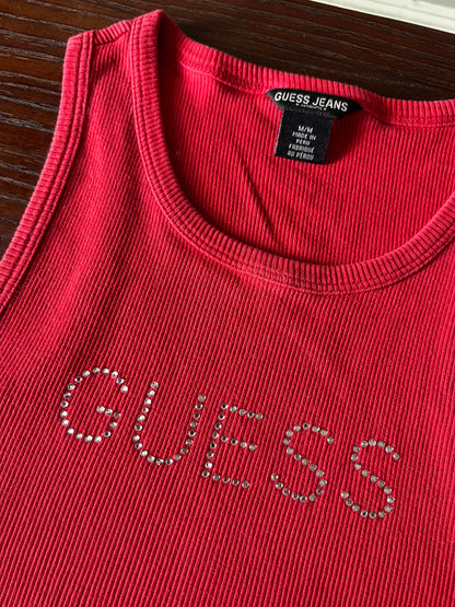 Y2K Guess Jeans Red Ribbed Tank Top with Gemstones - Medium