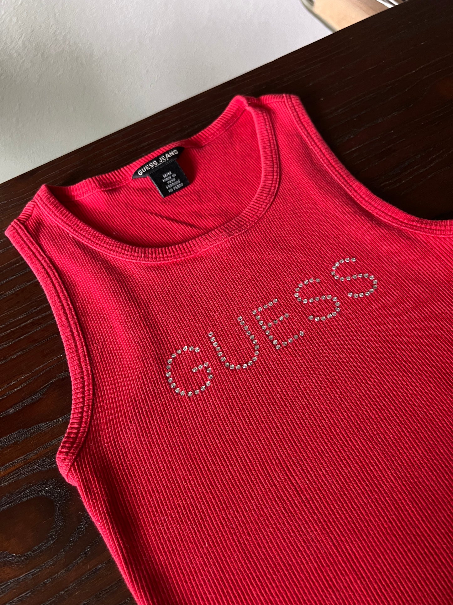 Y2K Guess Jeans Red Ribbed Tank Top with Gemstones - Medium