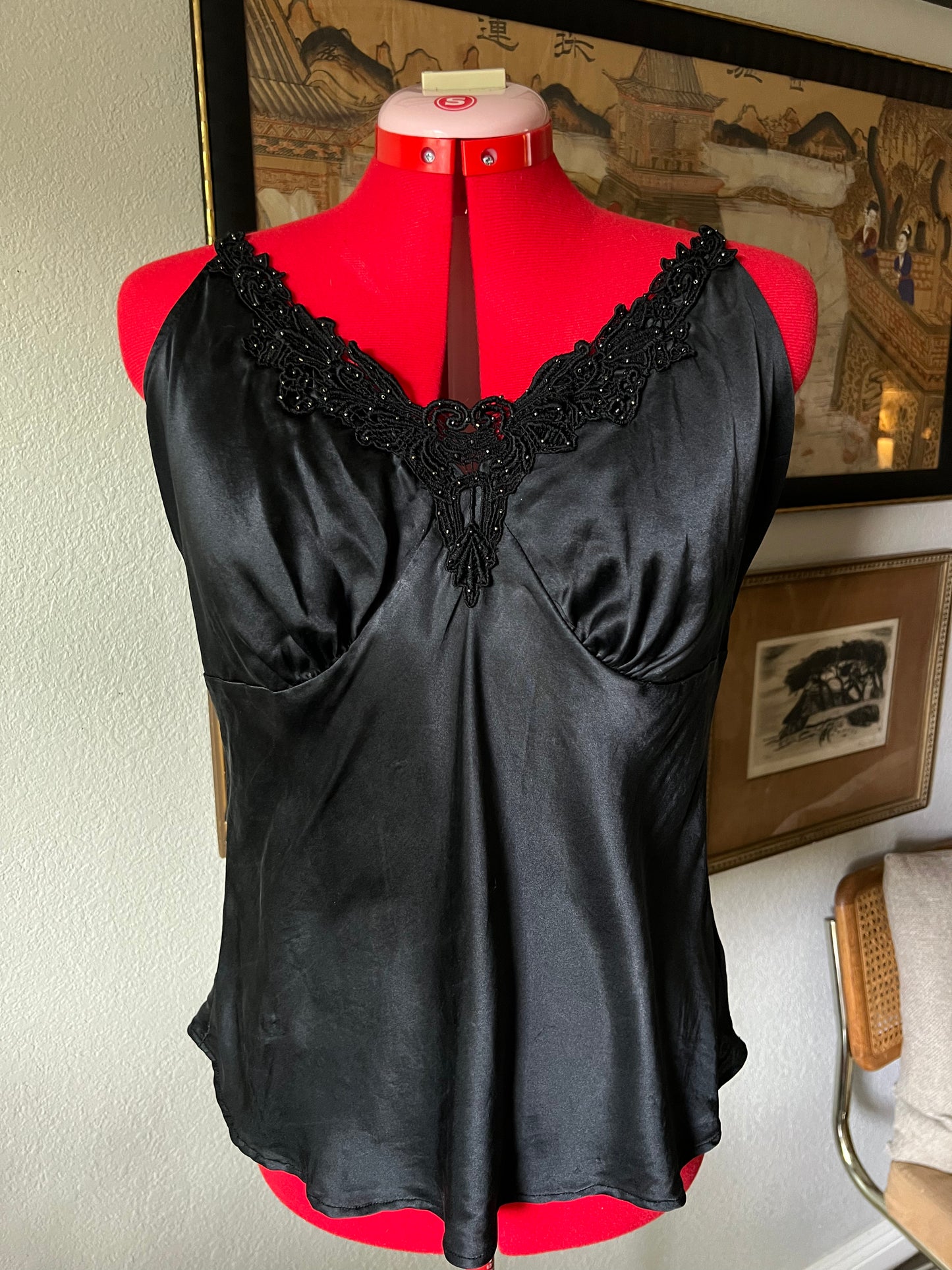 100% Silk Satin Black Top with Beaded Embroidery Details - X-Large