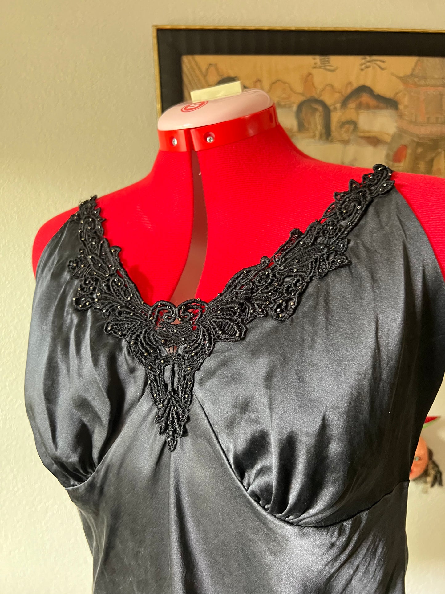 100% Silk Satin Black Top with Beaded Embroidery Details - X-Large